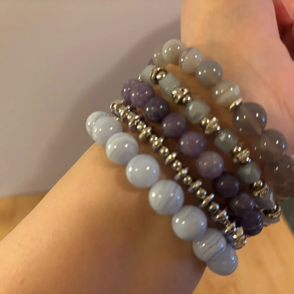 Handmade Gemstone Bracelet Stack Set of 5 NWT Chalcedony Amethyst Agate